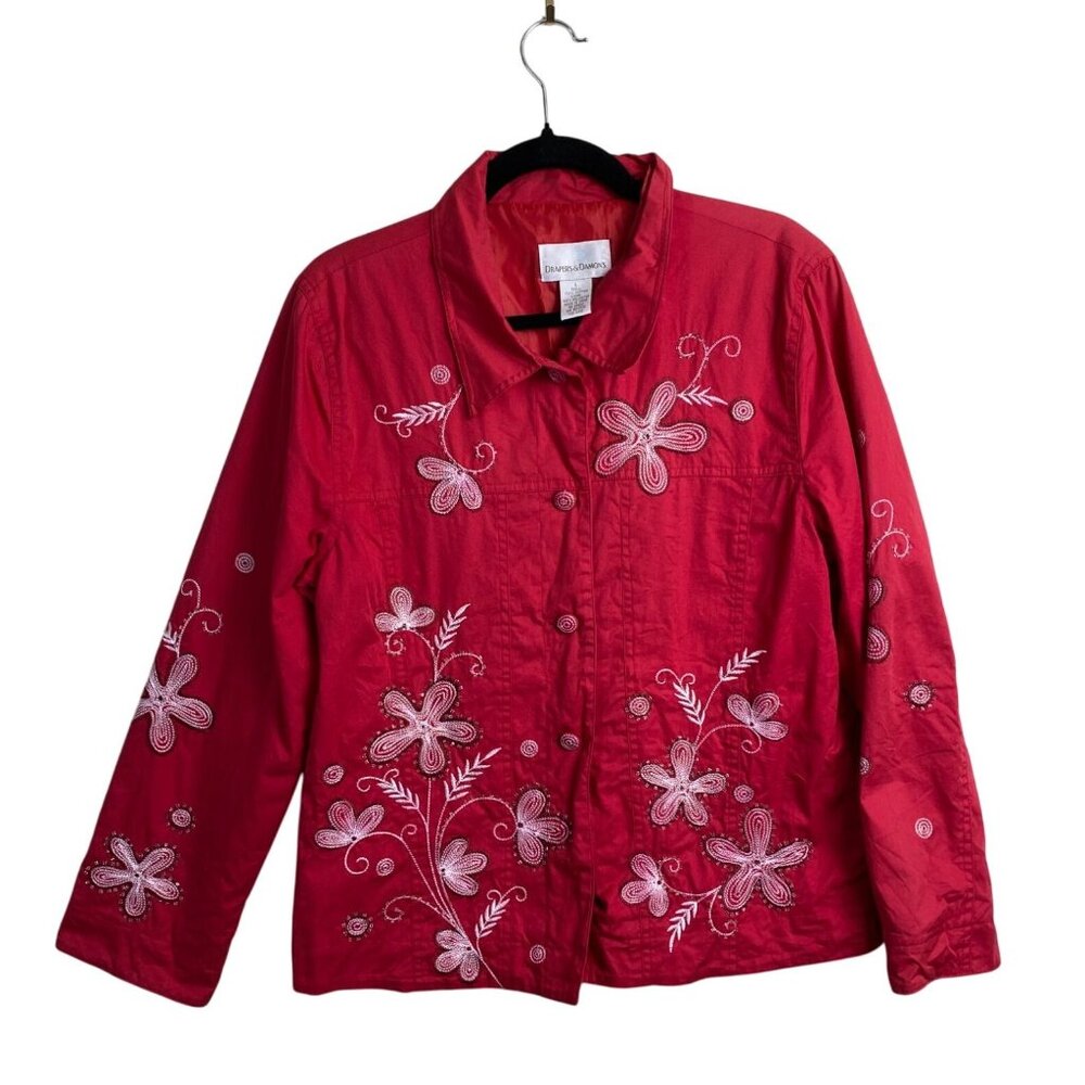Drapers & Damons‎ Womens Red Floral Embroidered Jacket Size Large Lightweight